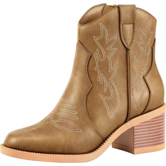 Women Polyurethane Mocha Embroidered Round Toe Short Ankle Chunky Heel Boot - Picture 1 of 7